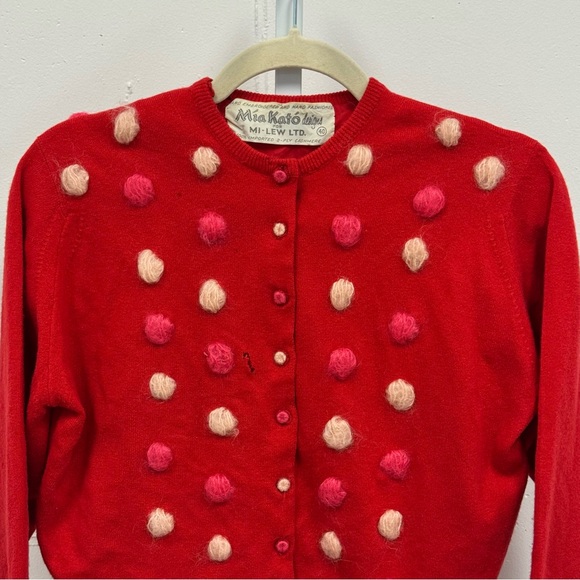 Vintage Mia Kato Design Cashmere Red Pom-Pom Cardigan Sweater Small - Picture 3 of 15